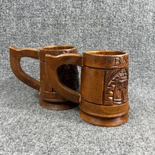 Vintage Hand Carved Wooden Mug Set Lot of 2 Rustic Decorative Cups Wood