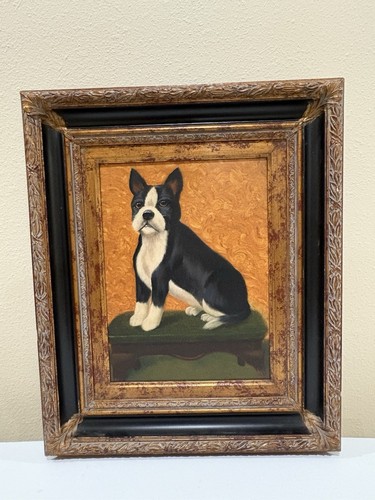 Fine Boston Terrier Dog Painting Vintage Signed w Carved Wood Frame 24x20