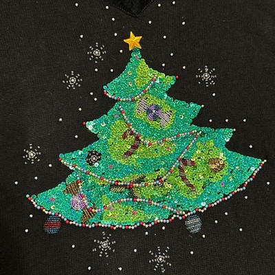 VTG Ugly Christmas Sweater Black Christmas Tree Sequin Beaded Holiday Womens 3XL