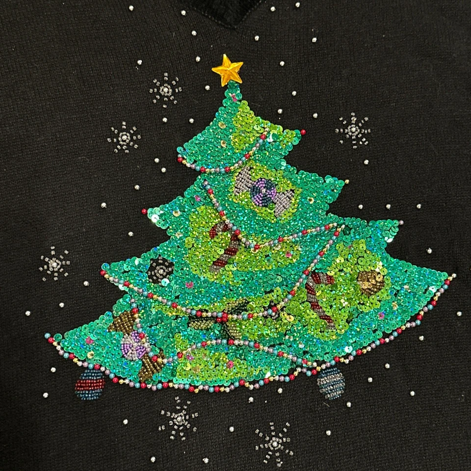 VTG Ugly Christmas Sweater Black Christmas Tree Sequin Beaded Holiday Womens 3XL - Image 2 of 4