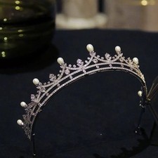 Gorgeous Pearls Cubic Zircon Wedding Crowns Headbands Crystal Evening Hairband
