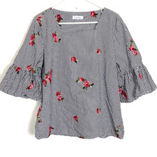 Calvin Klein Blouse Womens Size 12 Black White Striped Floral Embroidery Button