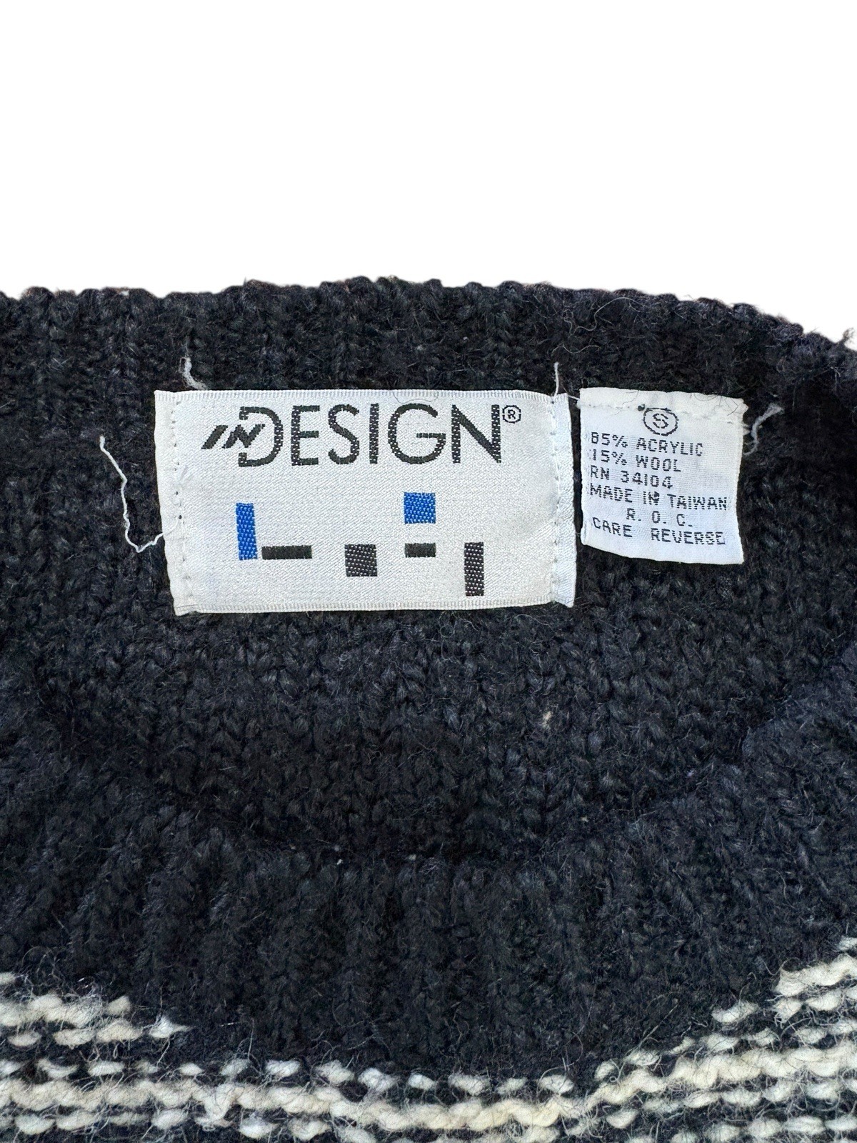 Vtg 80s Patchwork Cable Knit Sweater Pullover Bla… - image 2