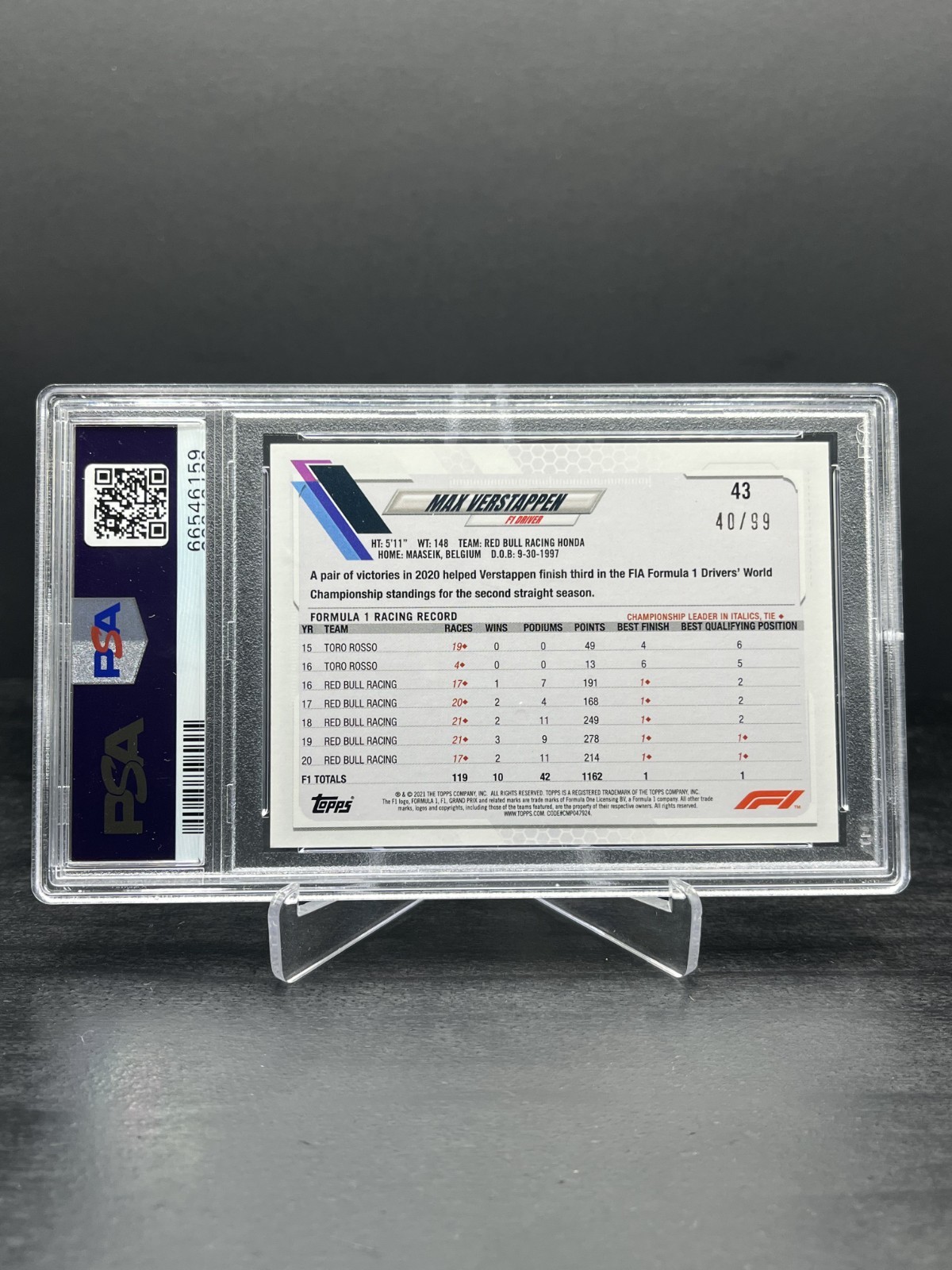 2021 Topps Formula 1 F1 Max Verstappen Blue 40/99 PSA 10 #43 view 2