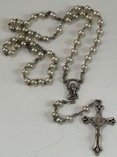 VTG Faux Pearl Silver Tone First Communion Crucifix Rosary Italy