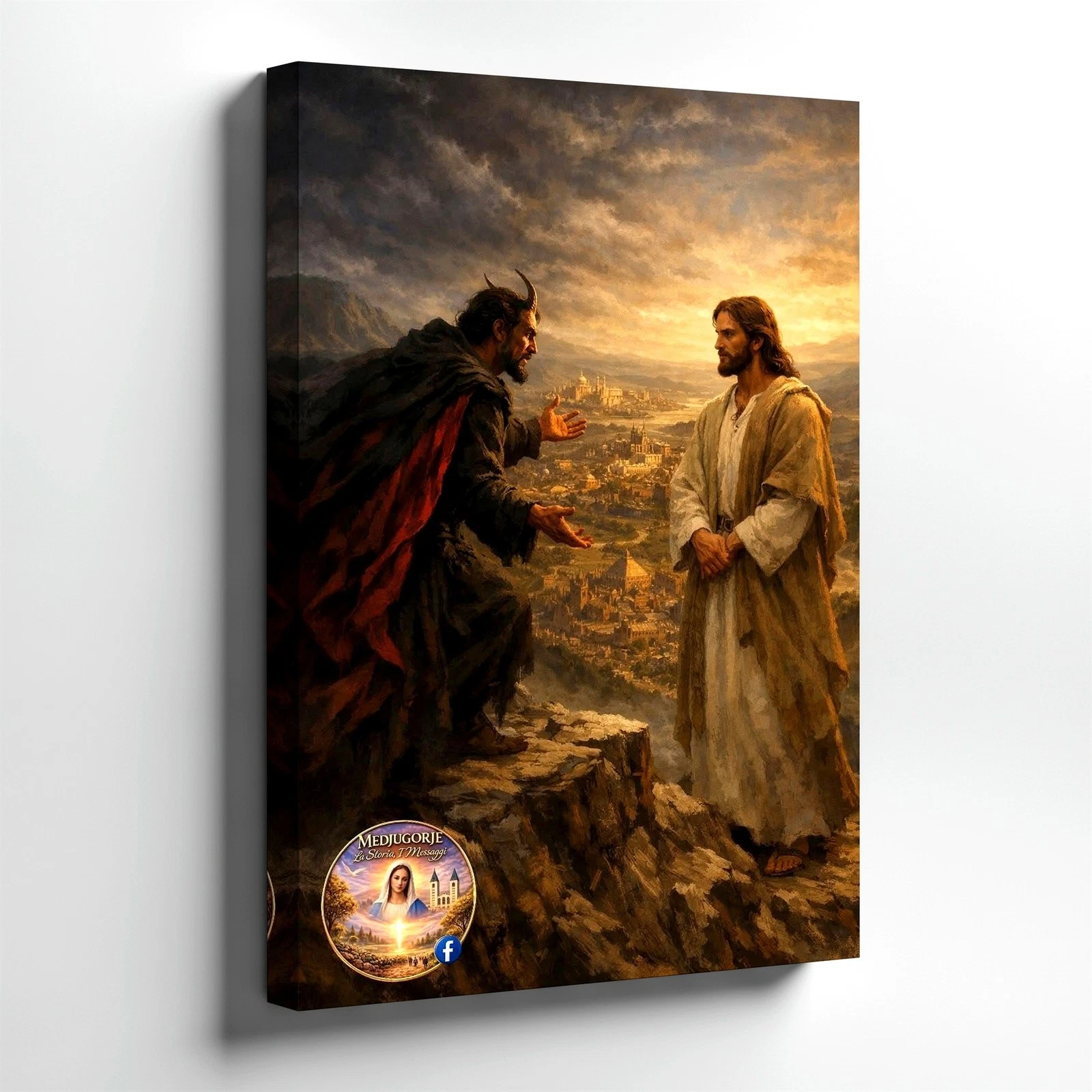 Wall Art Religious Painting Jesus and Devil Mountain Cliff Scene Canvas Print