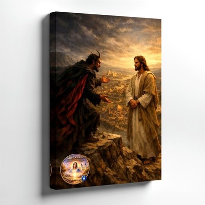 Wall Art Religious Painting Jesus and Devil Mountain Cliff Scene Canvas Print