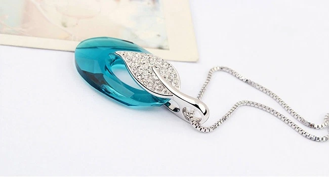 18K White Gold Plated Made With Swarovski Crystal Turquoise Leaf Moon Necklace - Image 2 of 4