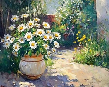 Garden with blooming daisies oil painting 8x10 Print