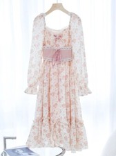 Pink Floral Elegant Dress Women Bandage LacePrint SweetVintage Dress Puff Sleeve