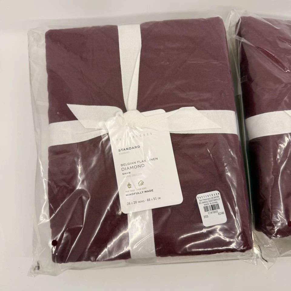 Juego estándar de dos fundas Pottery Barn acolchado Merlot lino belga diamante Foto 2 de 4