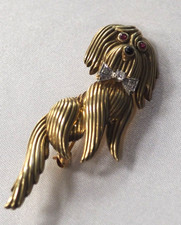 Vintage 14K Yellow Gold Shih Tzu Dog Pin Brooch *Forum JRLY* w/ Diamonds/Ruby