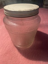 Glass Ball Container with Metal Lid #2863  Jar Frosted Barrel Detail Vtg