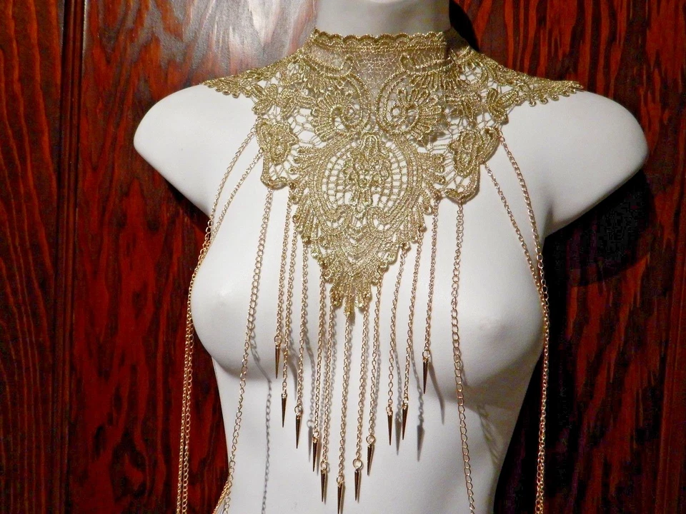 GOLD CHAIN & SPIKES LACE BODY JEWELRY necklace harness yoke choker goddess Z8 - Image 4 of 4