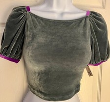 GK SKATE DANCE CHEER ADULT SMALL DARK PEACOCK VELVET PUFF SLV CROP TOP Sz S