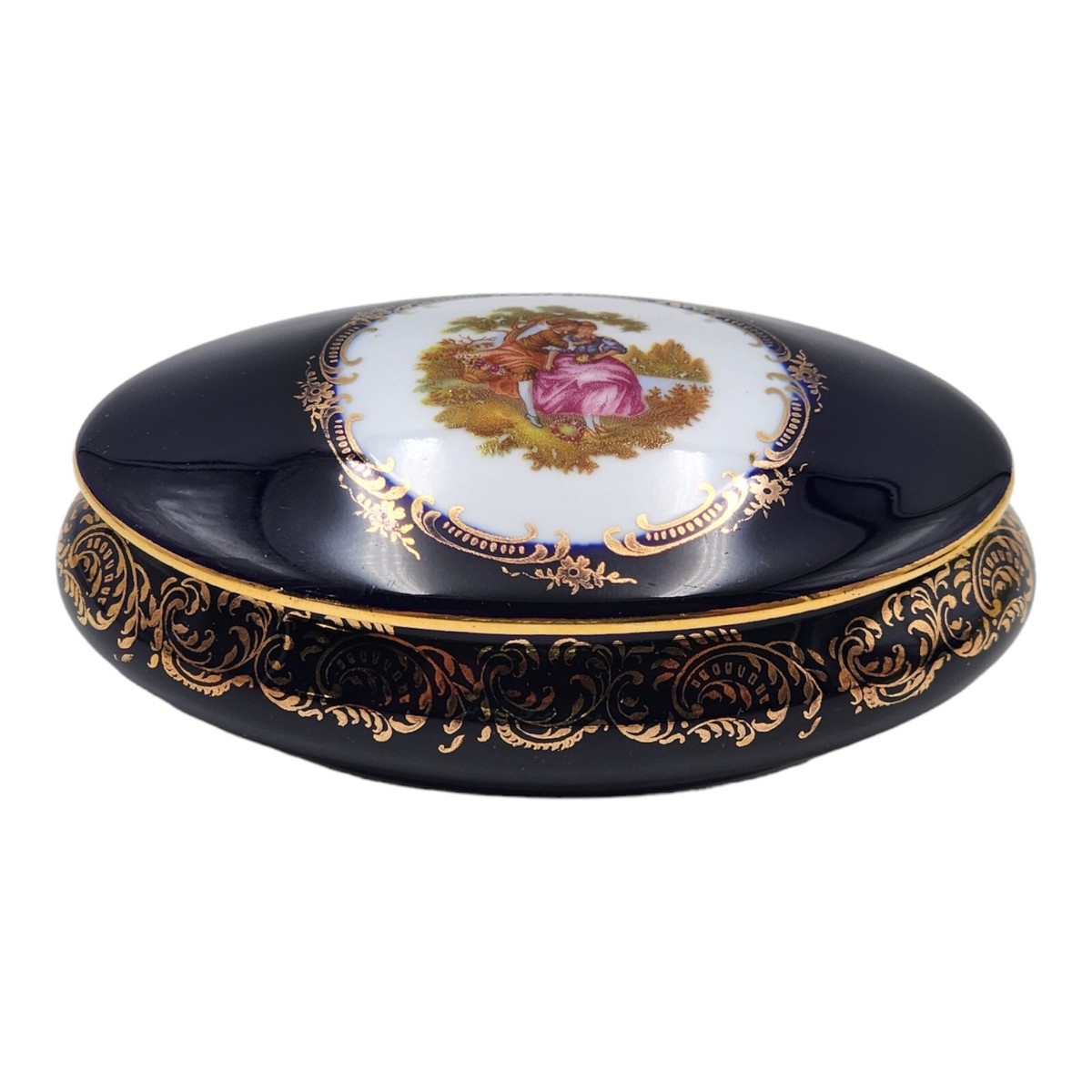 Limoges Castel France Cobalt Blue Porcelain Oval Trinket Box 22k