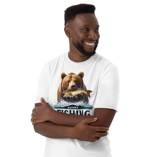 🐻 Grizzly Brown Bear Catching a Fish T-Shirt - 'Happy Fishing' Graphic Tee 🎣 - 第 2/12 張圖片