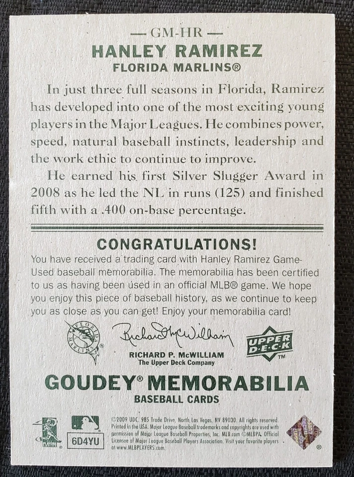 2009 Hanley Ramirez Florida Marlins Upper Deck Goudey MLB Card #75 - Image 2 of 2