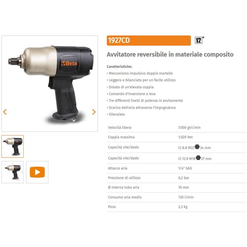 Avvitatore a Impulsi Pneumatico 1/2" BETA Reversibile a Massa Battente 1927CD - Imagen 4 de 6