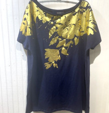 Denim24/7 Navy Cotton Blend Blouse w/Gold Foil Flower & Bead Work Sz XL~USA Made