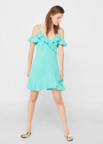 Mango Flowy Ruffled Dress Green UK 12 rrp £35.99 DH8 JJ 07 - Picture 1 of 6