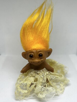 Vintage Wishnik Troll Doll Double Horseshoe Uneeda Orange Hair Trolls, 3''