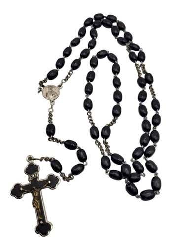 Vintage Pre-1949 Rosary Wood Black Beads Inlaid Metal Crucifix Pendant Germany - Picture 6 of 6