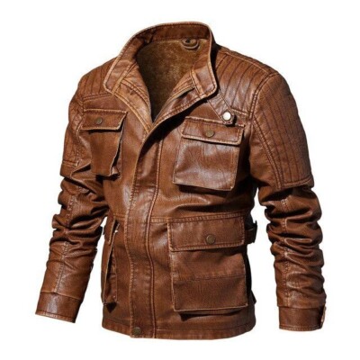 Men's Brown Real Leather Jacket Biker Style with Shearling Lining - Multi Pocket
