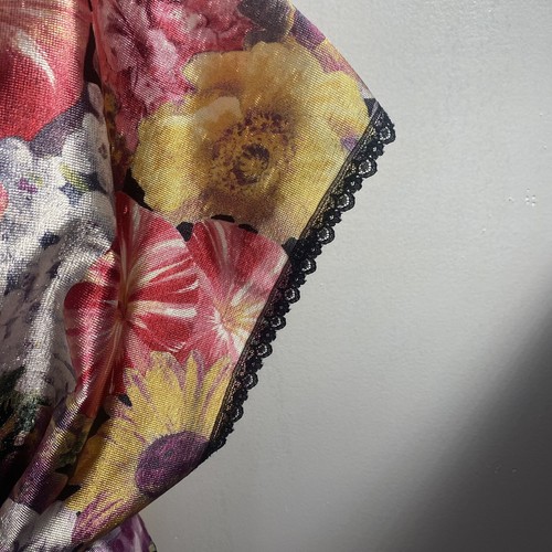 Vintage Blumen Satin Kimono Morgenmantel Damen Gr. M Spitzenborte Schärpe Feder Bett Intamat - Bild 5 von 9