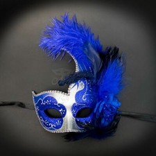 Masquerade Ball Halfmask with Feathers Silver Royal Blue M6131