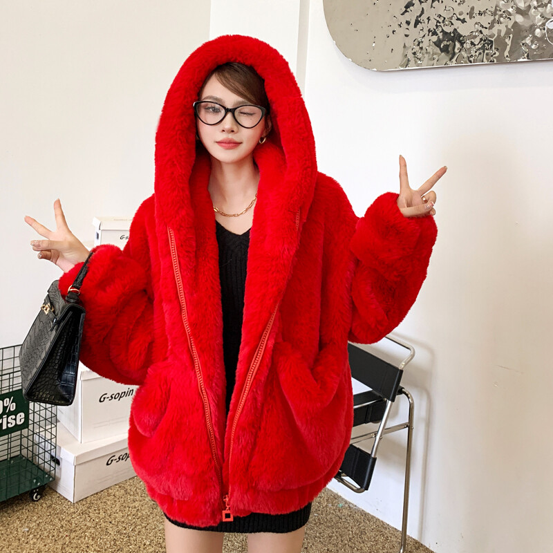 New Year's Red Hooded Winter Fur Coat Fashion Womens Warm Fury
