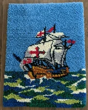 Vintage Shillcraft Latch Hook Rug Santa Maria Galleon Ship Signed Completed