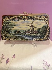 Vtg TAPESTRY CLUTCH CASE Cottages / River 11 X 6  LINED, Kiss Clasp EUC