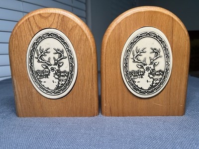 Rare Vintage 1986 Trinity Pottery Bookends, Deer, Wood & Ceramic, EUC