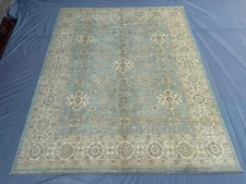 Transitional Hand Knotted Rug 8'2 x 10'1 ft – Blue Beige Wool Carpet Boho Chic