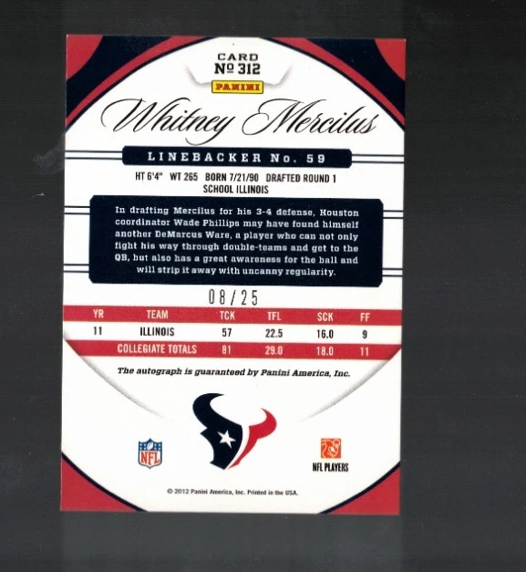 Whitney Mercilus 2012 Panini Certified New Generation Auto #d 08/25 - Image 2 of 2