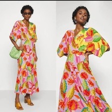 FARM Rio Lilac Beaks Bananas Pink and Yellow Wrap Midi-Maxi Dress Small