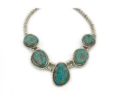 Navajo Squash Necklace Sterling Silver Nalural Kingman Turquoise Signed JR