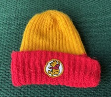 Vintage Winnie The Pooh Beanie Hat Cap Orange Yellow Knit Patch