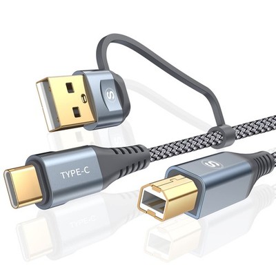 Printer Cable 2-in-1 USB-A/C to USB-B Cord 6.6FT, Type C MIDI 6.6ft, Grey 