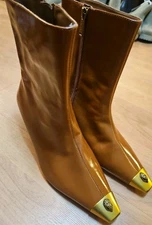  Kurt Geiger London Mid Brown Patent Leather Regent Cap Toe Ankle Boots 38.5/8