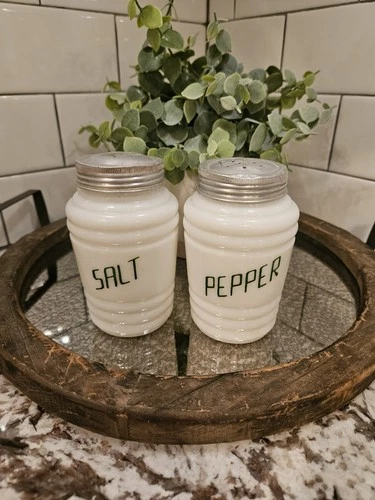 Vintage Hazel Atlas Milk Glass Beehive Green Letters Salt & Pepper Shakers