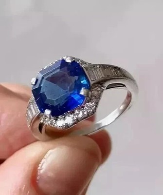 3CT Asscher Cut Lab-Created Blue Sapphire Engagement Ring 14K White Gold Plated