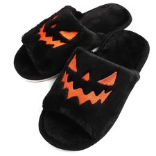 Women's Black Soft Cozy Spooky Halloween Slippers Jack O Lantern Pumpkin Fall