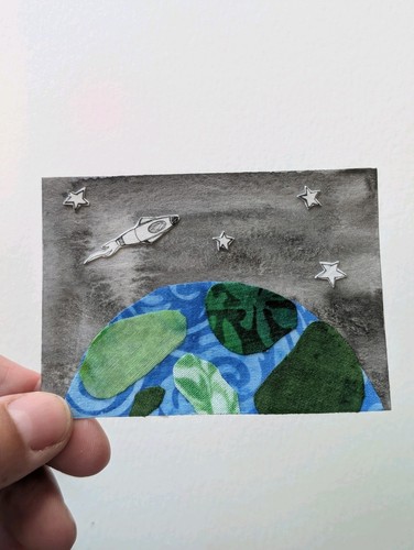 ACEO Original Art Mixed Media Rocketship In Space Signed by artist Therecreative