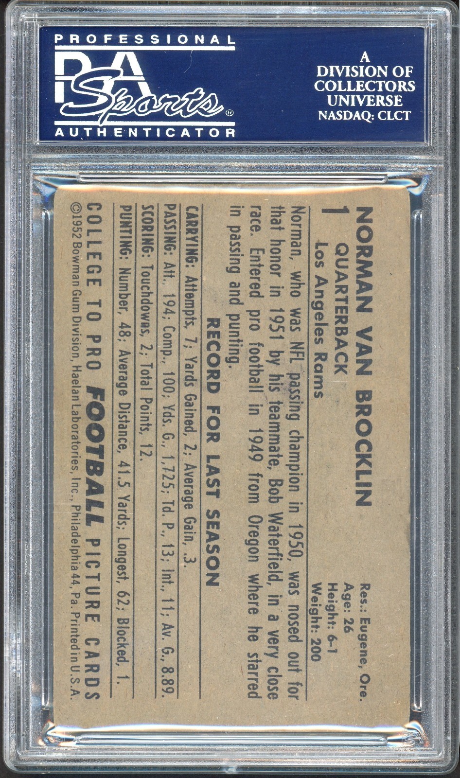 1952 Bowman Large Norm Van Brocklin SP #1 (RAMS) PSA 1 view 2
