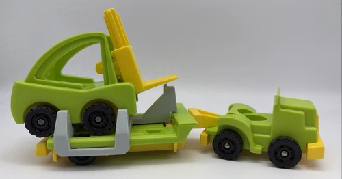 Vintage Fisher Price Little People Green / Yellow Semi Truck Trailer & Forklift
