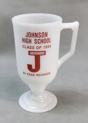 Vintage JOHNSON HIGH SCHOOL Milk Glass ST. PAUL MN 20 YEAR REUNION Mug GLASS