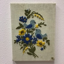 Cottagecore 1970s Needlepoint Birds Flowers Unframed 16 x12