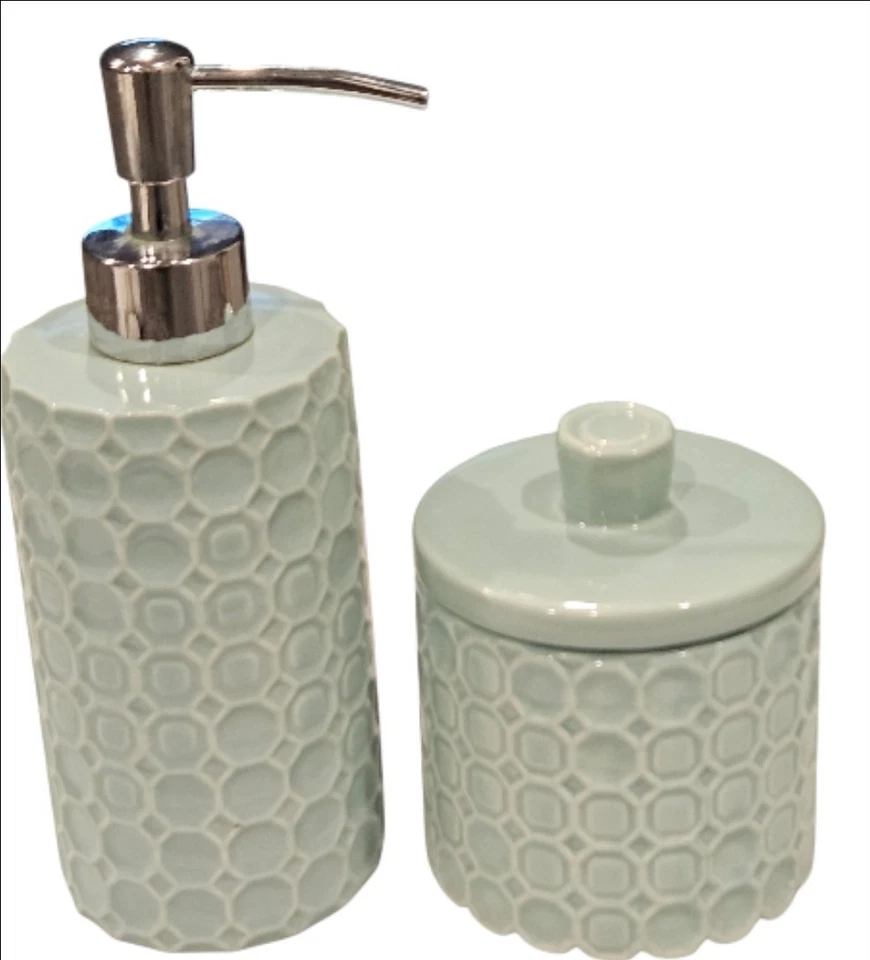 ¡NUEVO! Dispensador de jabón y tarro cubierto de baño "Medallón Groovy" cerámica verde menta Foto 2 de 4